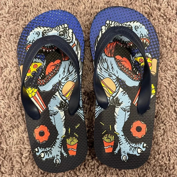 Boys Dinosaur Food Graphic Flip Flops Sandals Blue Size 1/2 - Picture 3 of 4